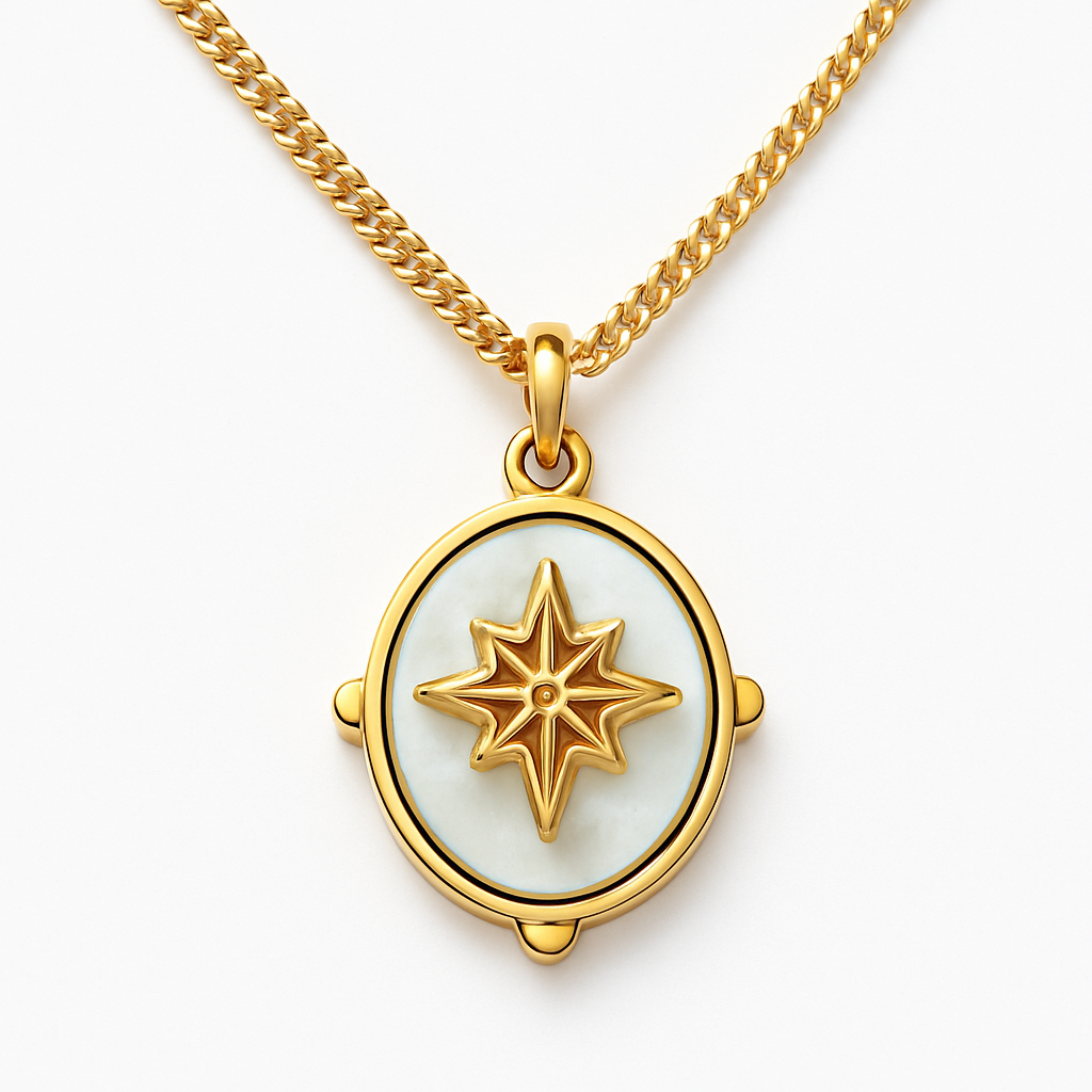 Gold Oval Mother of Pearl Pendant Necklace with North Star