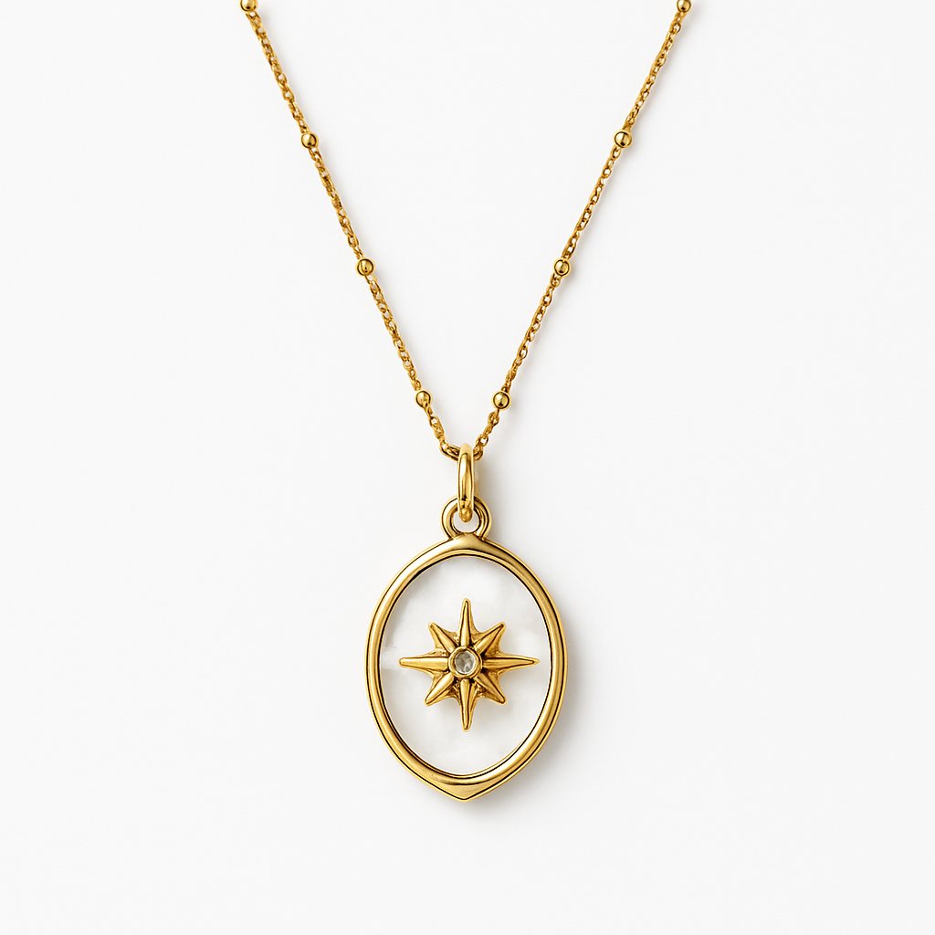 Gold Oval Mother of Pearl Pendant Necklace with North Star
