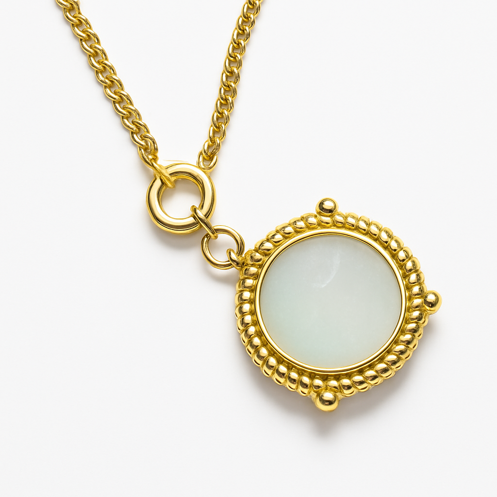 Gold Beaded Frame Round Aqua Stone Pendant Necklace