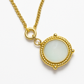 Gold Beaded Frame Round Aqua Stone Pendant Necklace
