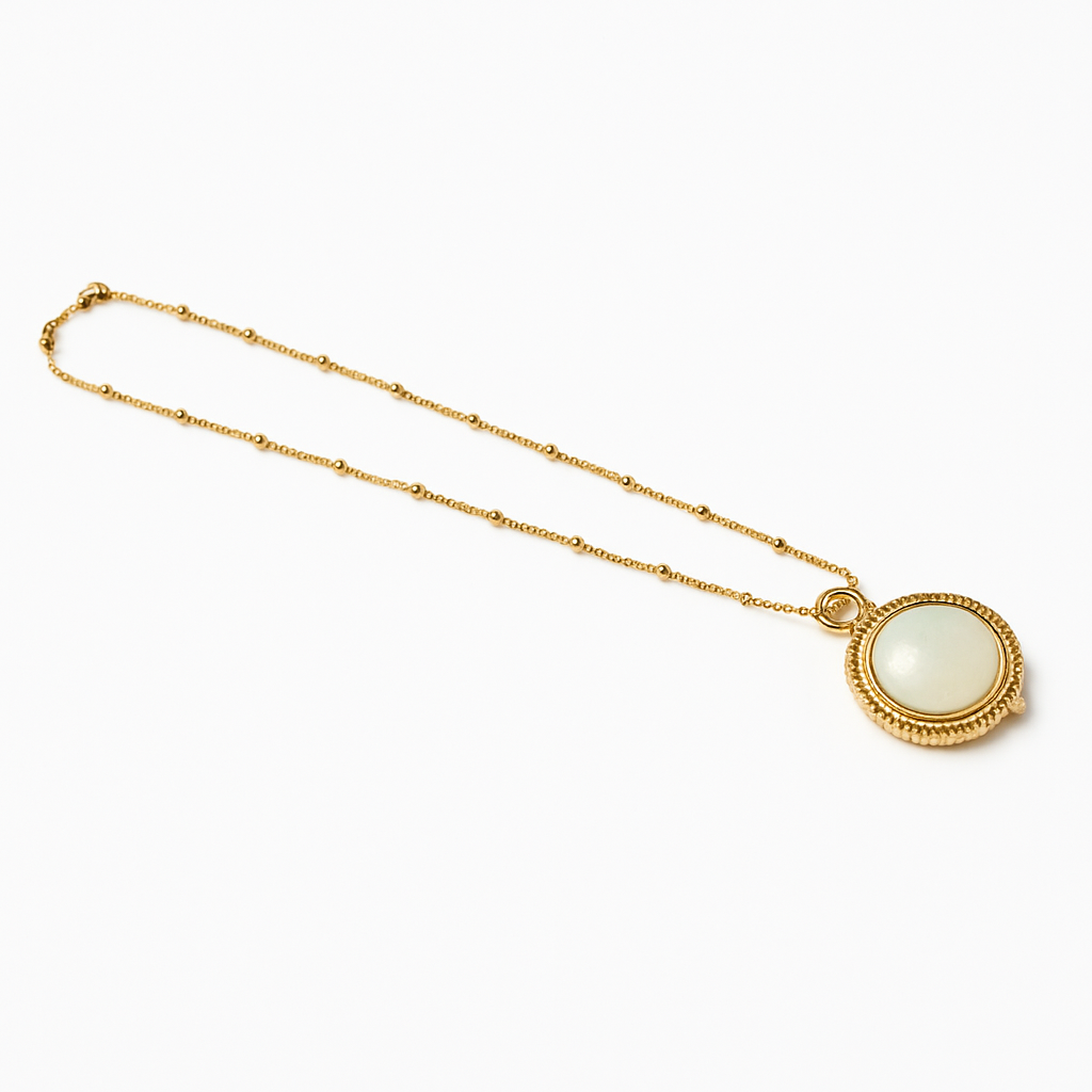 Gold Beaded Frame Round Aqua Stone Pendant Necklace