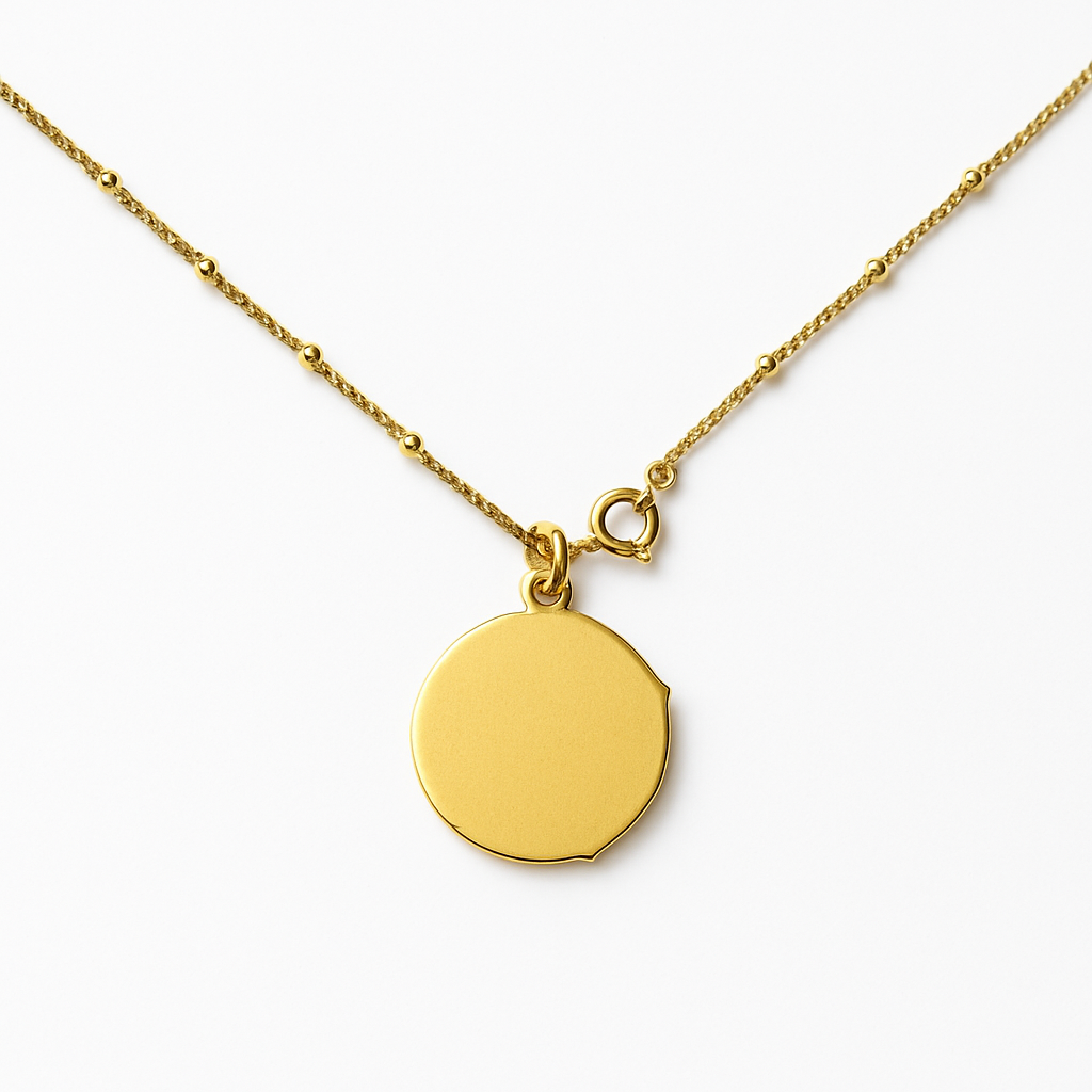 Gold Beaded Frame Round Aqua Stone Pendant Necklace