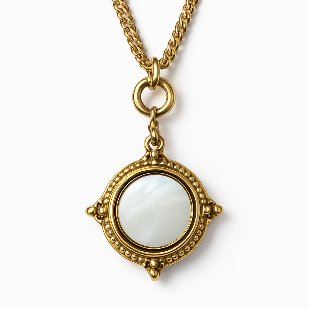 Gold Beaded Frame Round Mother of Pearl Pendant Necklace