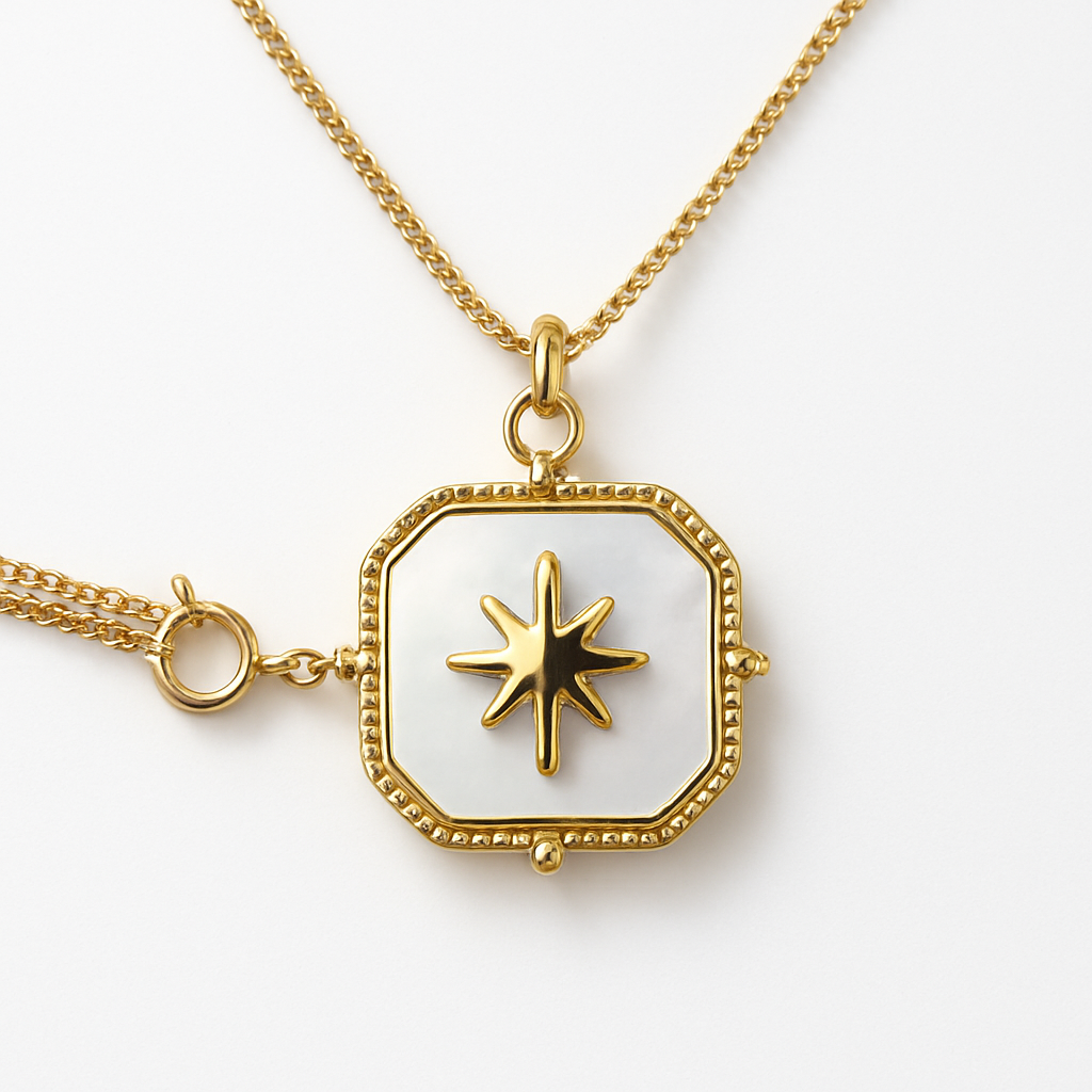 Gold Square Mother of Pearl North Star Pendant Necklace