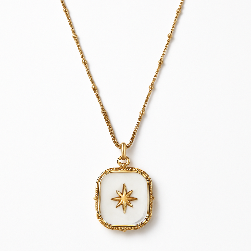 Gold Square Mother of Pearl North Star Pendant Necklace
