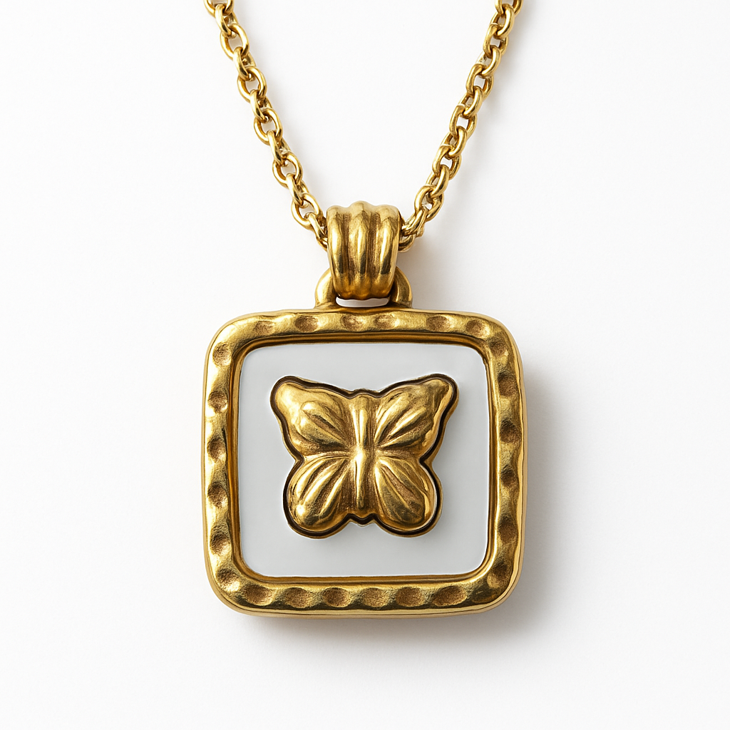 Gold Square White Enamel Butterfly Pendant Necklace