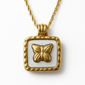 Gold Square White Enamel Butterfly Pendant Necklace
