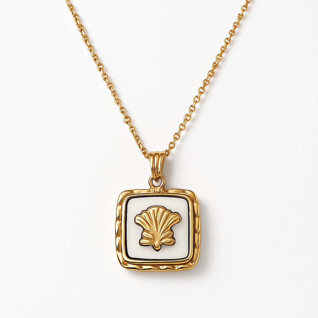 Gold Square White Enamel Butterfly Pendant Necklace