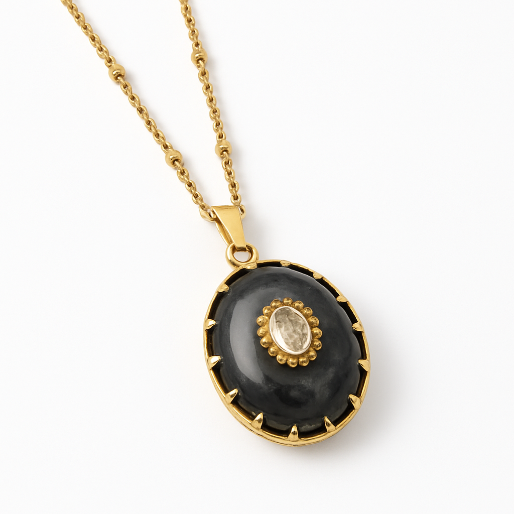 Gold Oval Black Stone Pendant Necklace with Crystal Center Accent