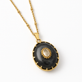 Gold Oval Black Stone Pendant Necklace with Crystal Center Accent