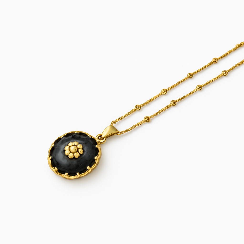 Gold Oval Black Stone Pendant Necklace with Crystal Center Accent