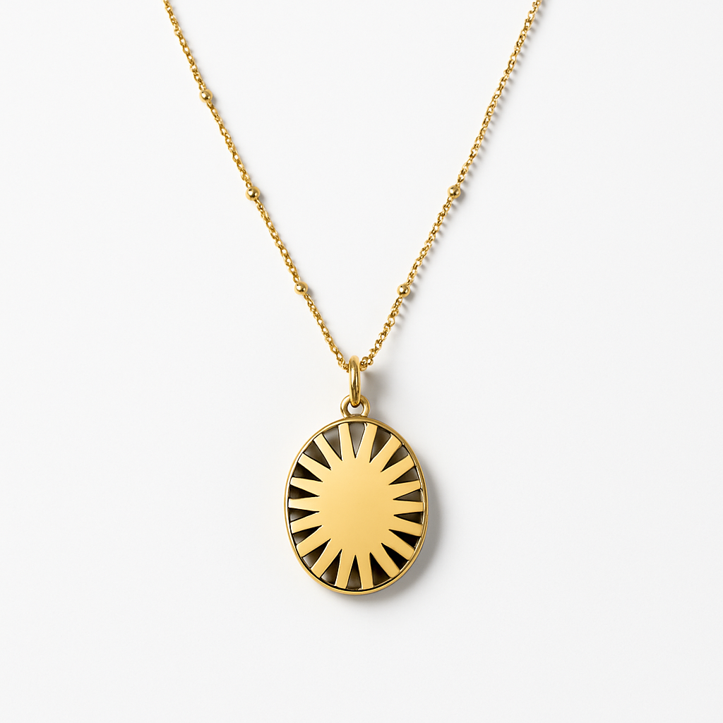 Gold Oval Black Stone Pendant Necklace with Crystal Center Accent