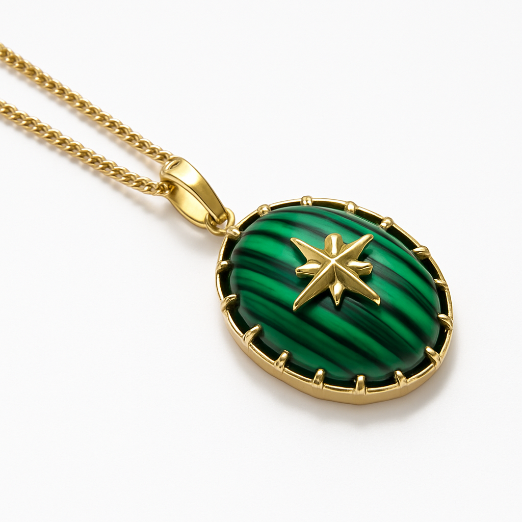 Gold Oval Malachite Pendant Necklace with North Star