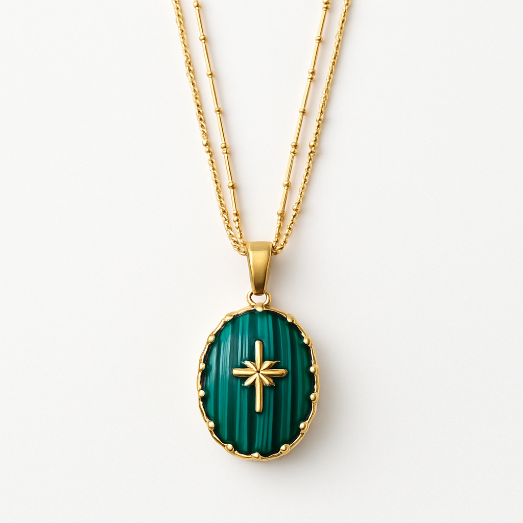 Gold Oval Malachite Pendant Necklace with North Star