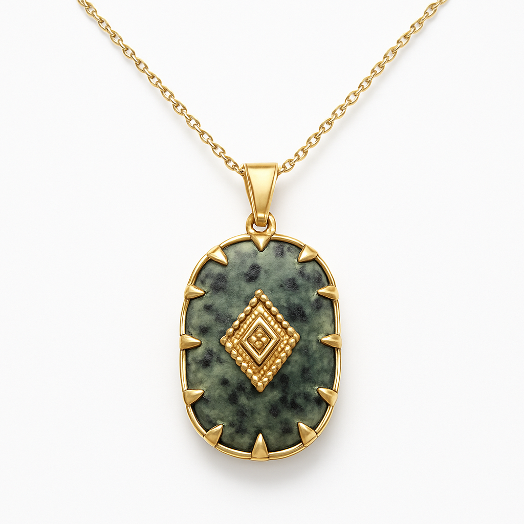 Gold Rectangular Dark Green Stone Pendant Necklace with Diamond Accent