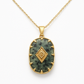 Gold Rectangular Dark Green Stone Pendant Necklace with Diamond Accent