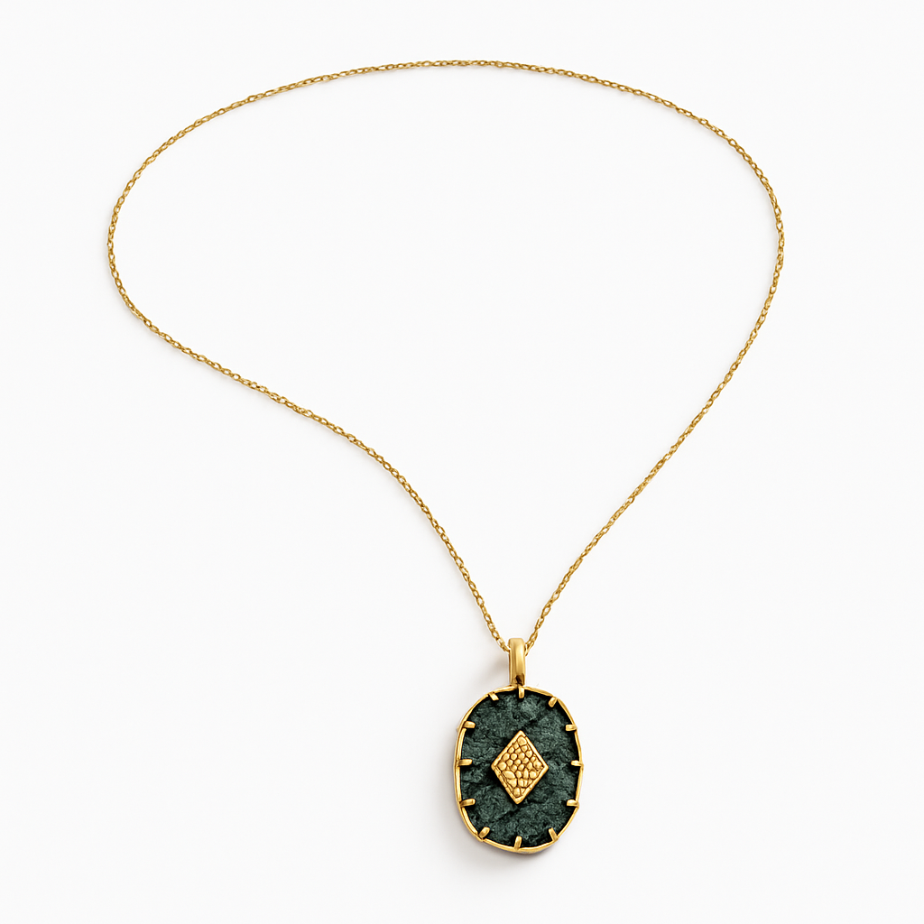 Gold Rectangular Dark Green Stone Pendant Necklace with Diamond Accent