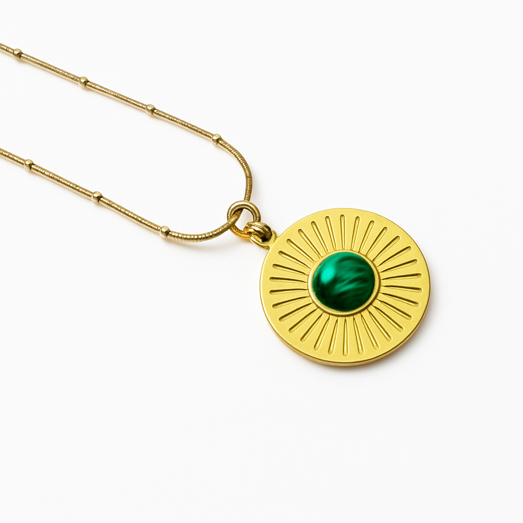 Gold Sunburst Disc Pendant Necklace with Green Stone Center