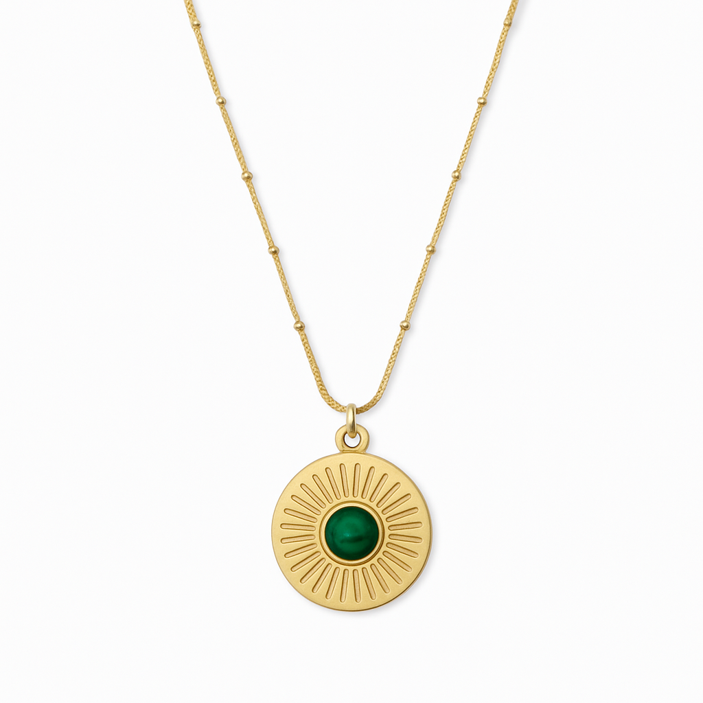 Gold Sunburst Disc Pendant Necklace with Green Stone Center
