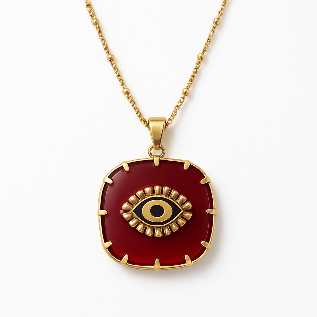 Gold Square Red Enamel Evil Eye Pendant Necklace