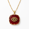 Gold Square Red Enamel Evil Eye Pendant Necklace