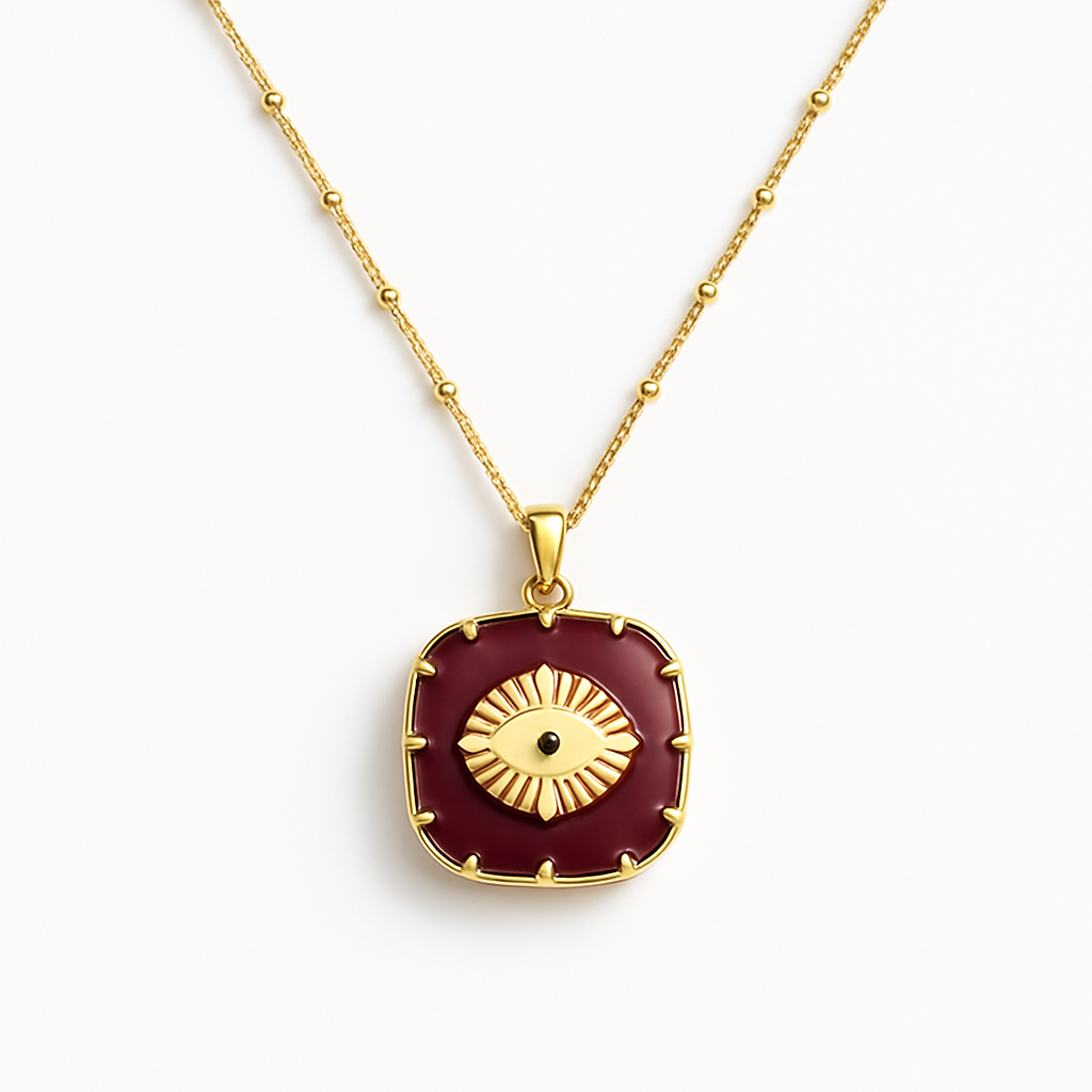 Gold Square Red Enamel Evil Eye Pendant Necklace