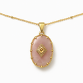 Gold Oval Pink Rose Quartz Pendant Necklace with Geometric Diamond Accent