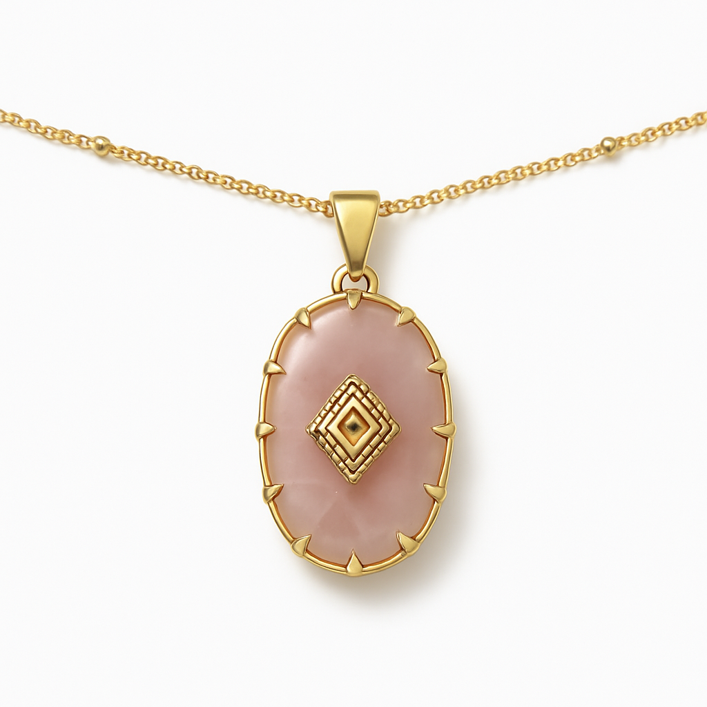 Gold Oval Pink Rose Quartz Pendant Necklace with Geometric Diamond Accent