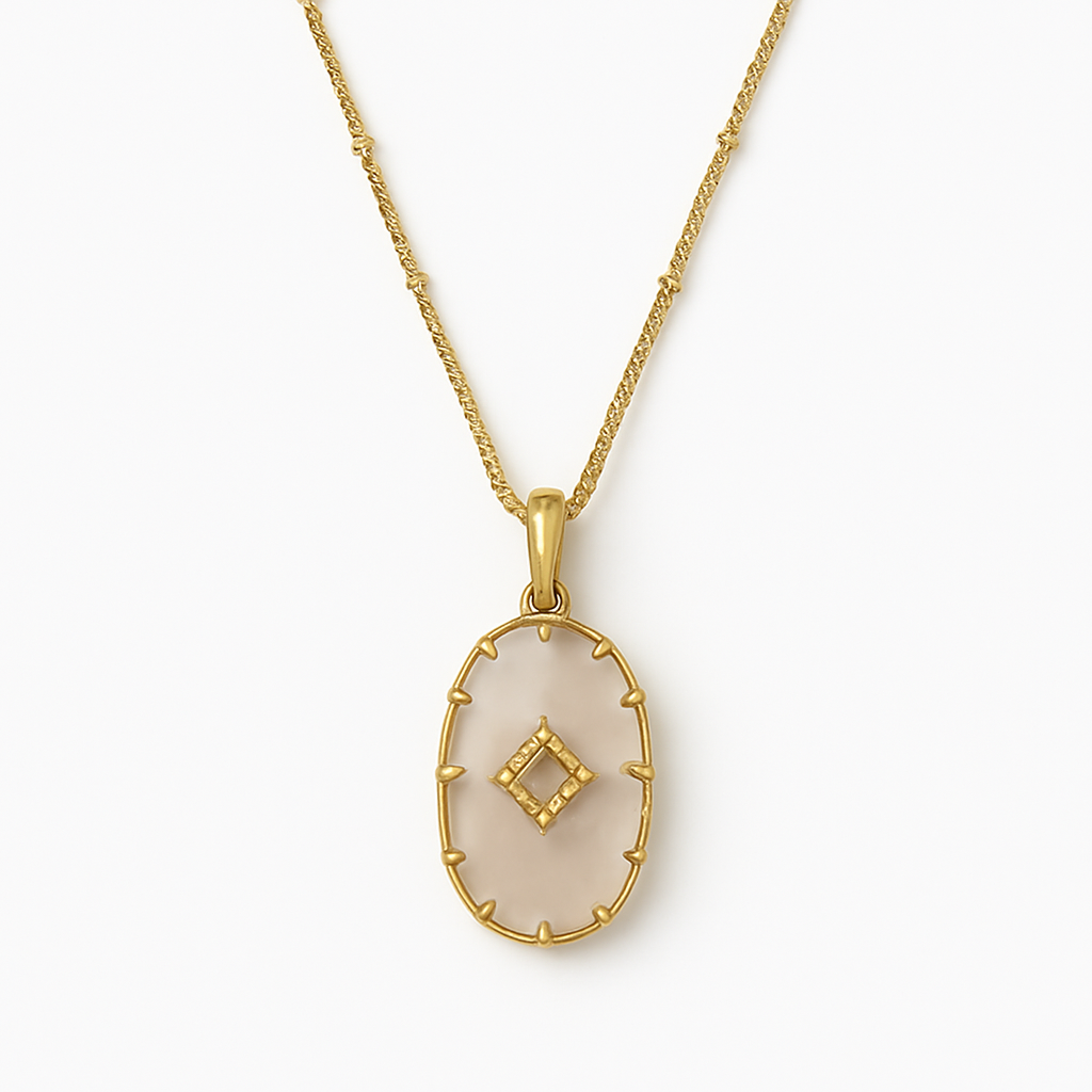 Gold Oval Pink Rose Quartz Pendant Necklace with Geometric Diamond Accent