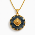 Gold Round Dark Navy Stone Pendant Necklace with Floral Center Medallion