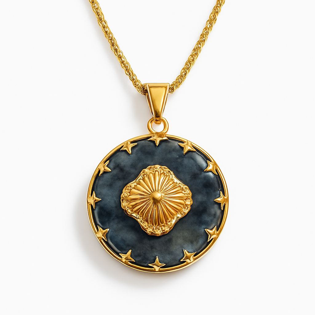 Gold Round Dark Navy Stone Pendant Necklace with Floral Center Medallion