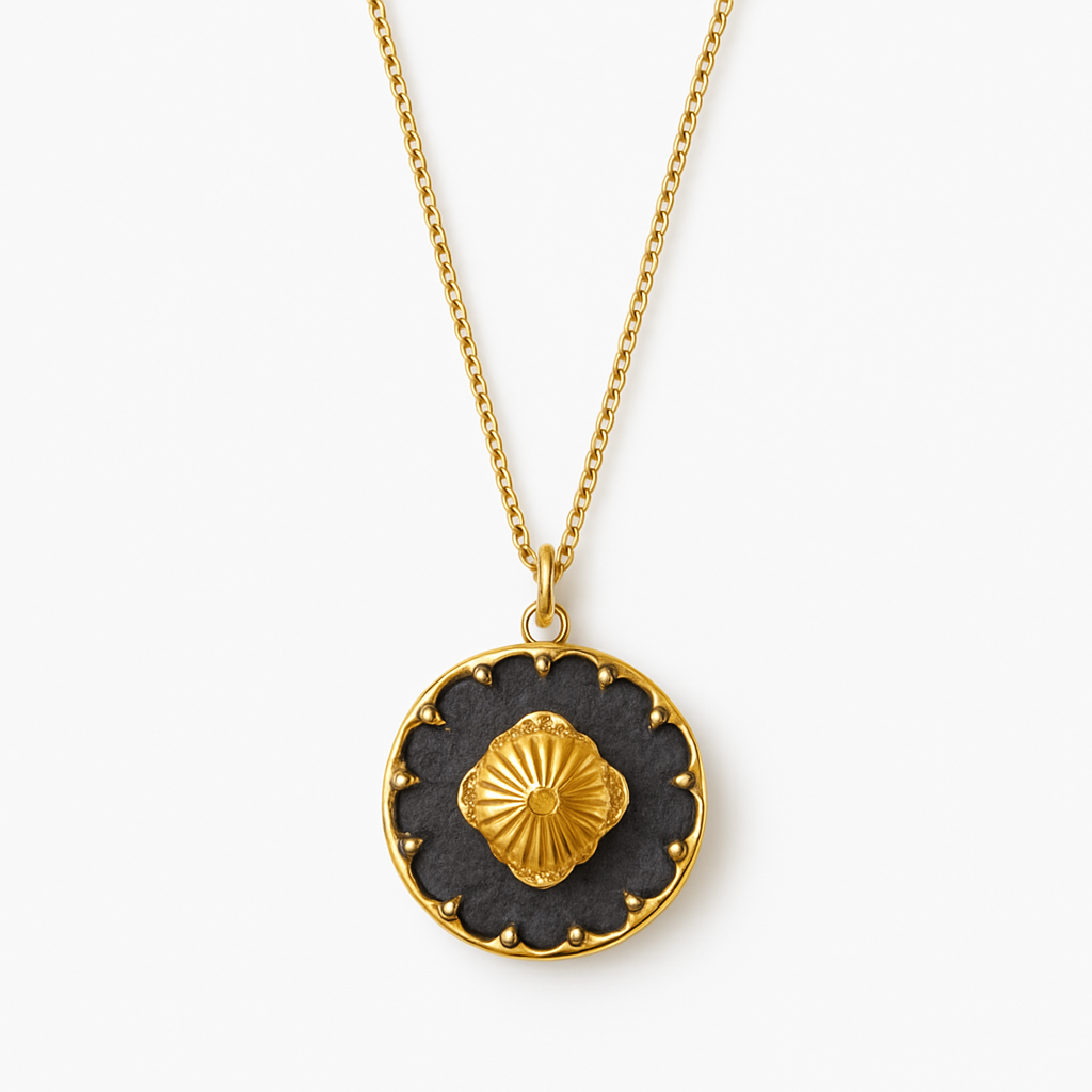 Gold Round Dark Navy Stone Pendant Necklace with Floral Center Medallion