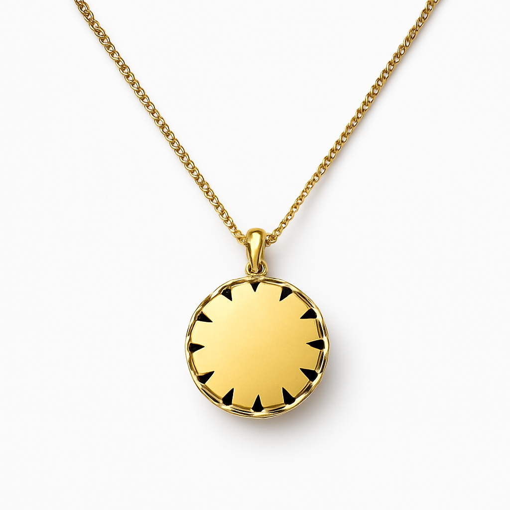 Gold Round Dark Navy Stone Pendant Necklace with Floral Center Medallion