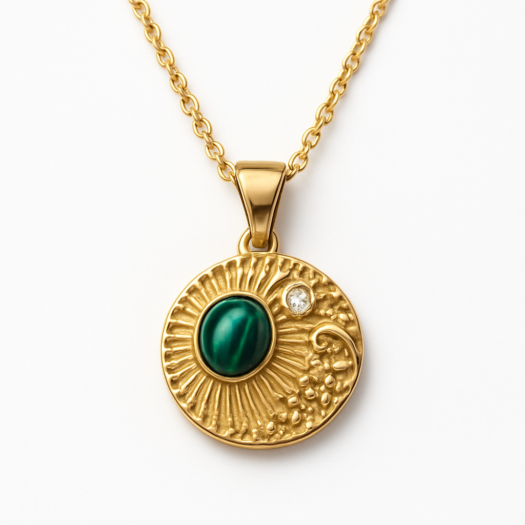 Gold Sunburst Disc Pendant Necklace with Malachite Stone and Crystal Accent