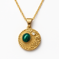 Gold Sunburst Disc Pendant Necklace with Malachite Stone and Crystal Accent
