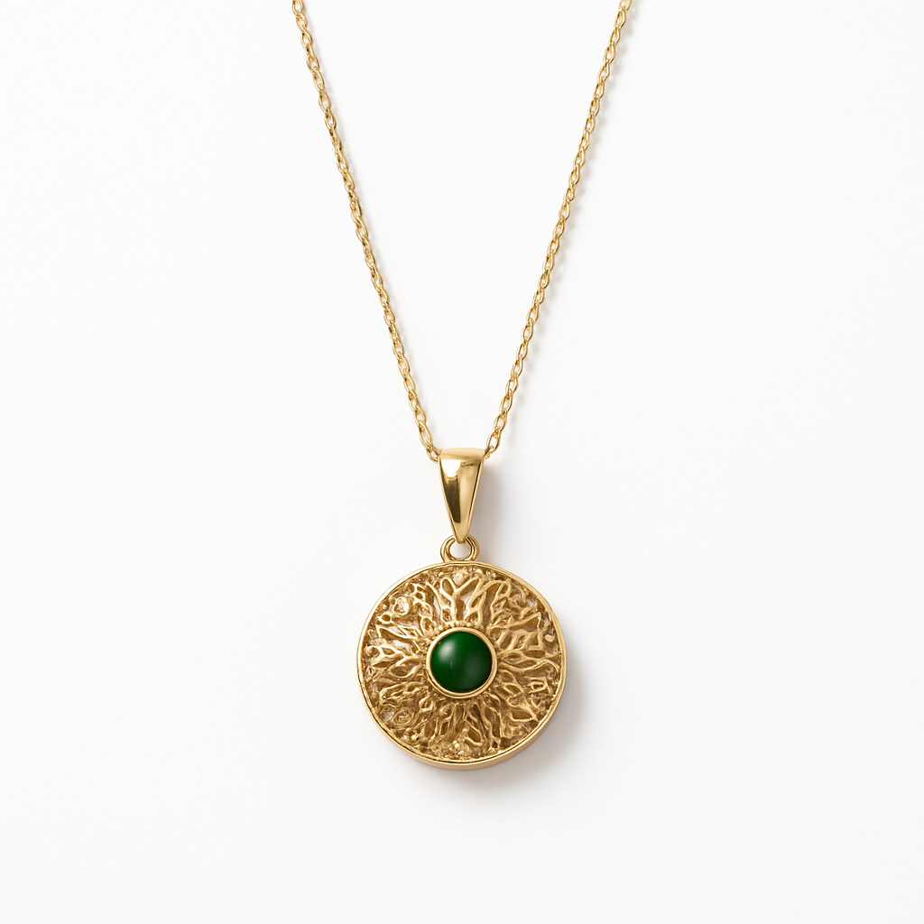 Gold Sunburst Disc Pendant Necklace with Malachite Stone and Crystal Accent
