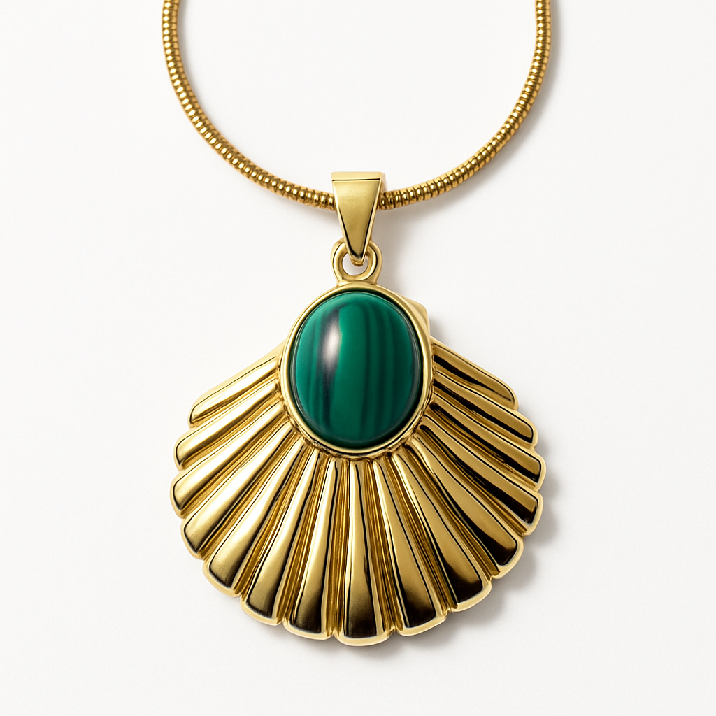 Gold Shell Fan Pendant Necklace with Malachite Stone Center
