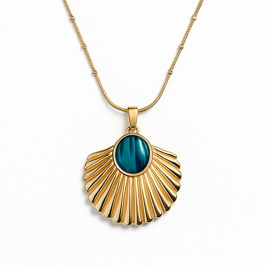 Gold Shell Fan Pendant Necklace with Malachite Stone Center