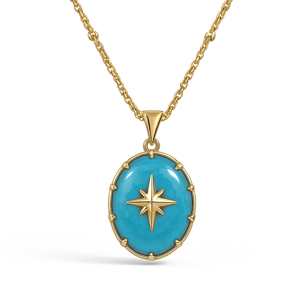 Gold Oval Turquoise Pendant Necklace with North Star
