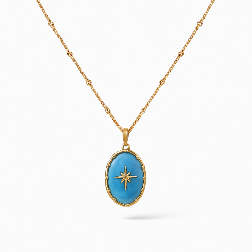 Gold Oval Turquoise Pendant Necklace with North Star
