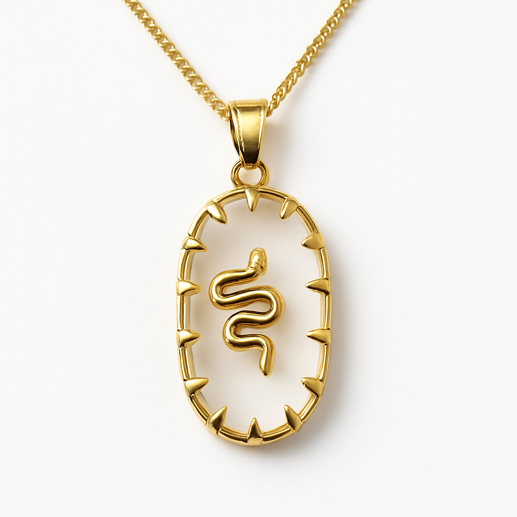 Gold Oval Open Frame Serpent Pendant Necklace
