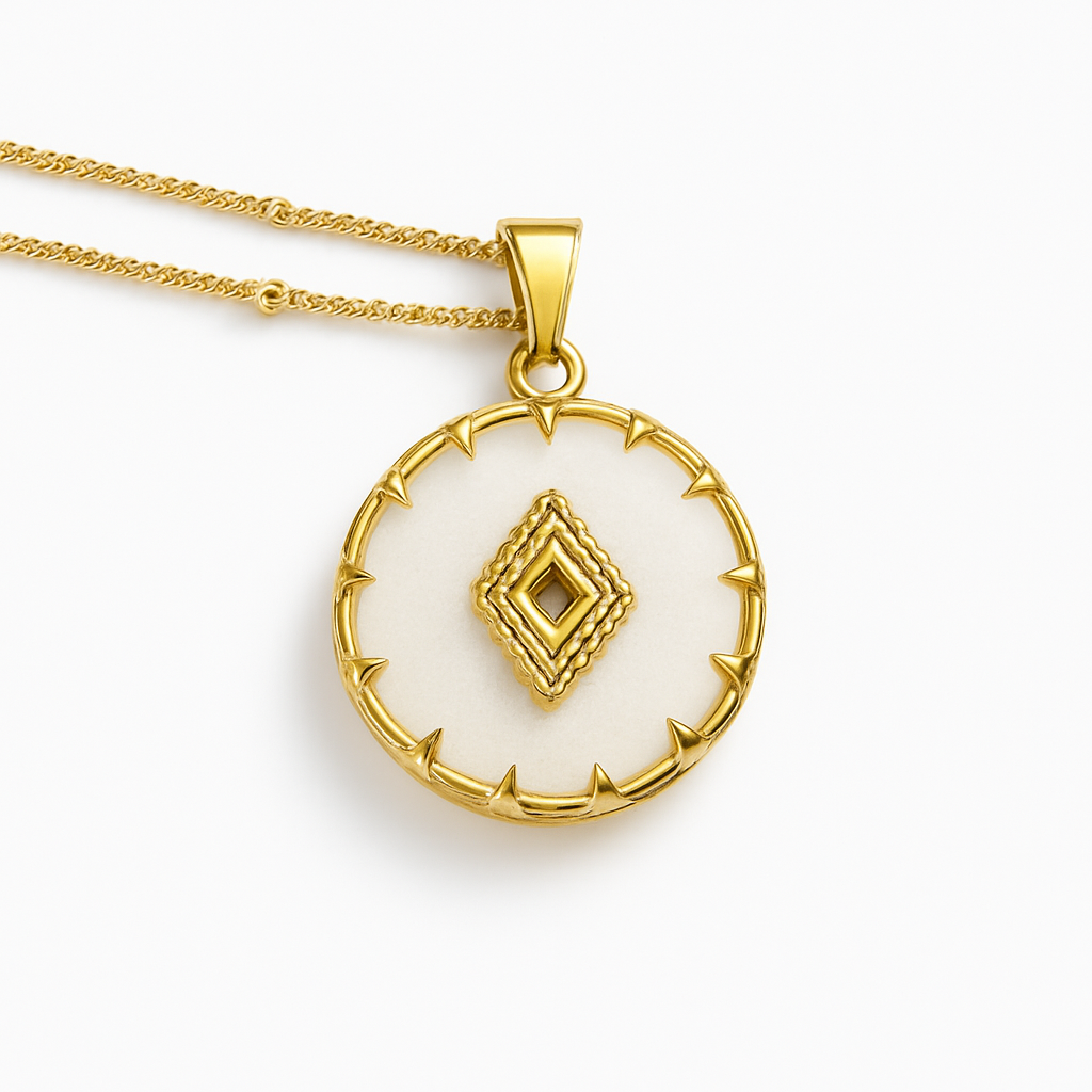 Gold Round White Mother of Pearl Pendant Necklace with Diamond Geometric Center