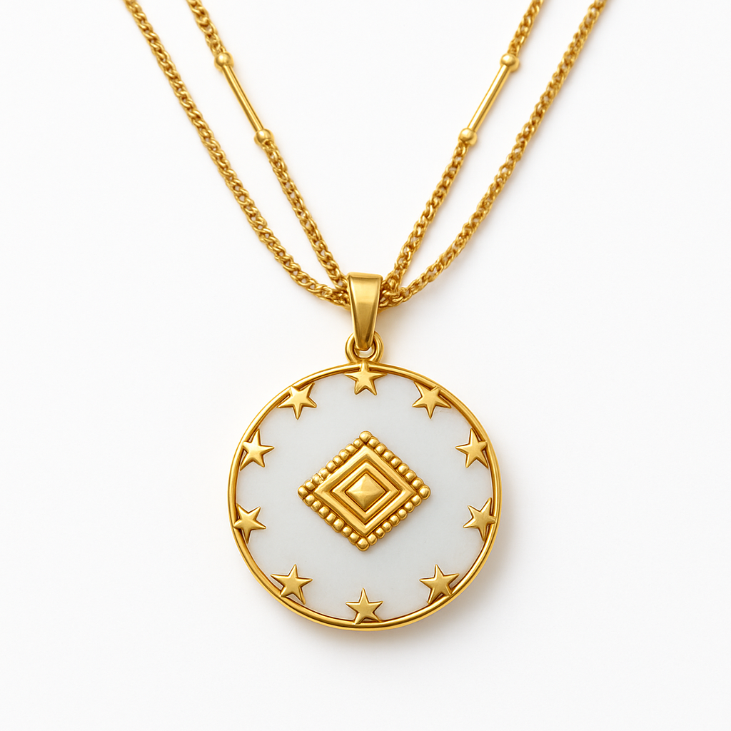 Gold Round White Mother of Pearl Pendant Necklace with Diamond Geometric Center
