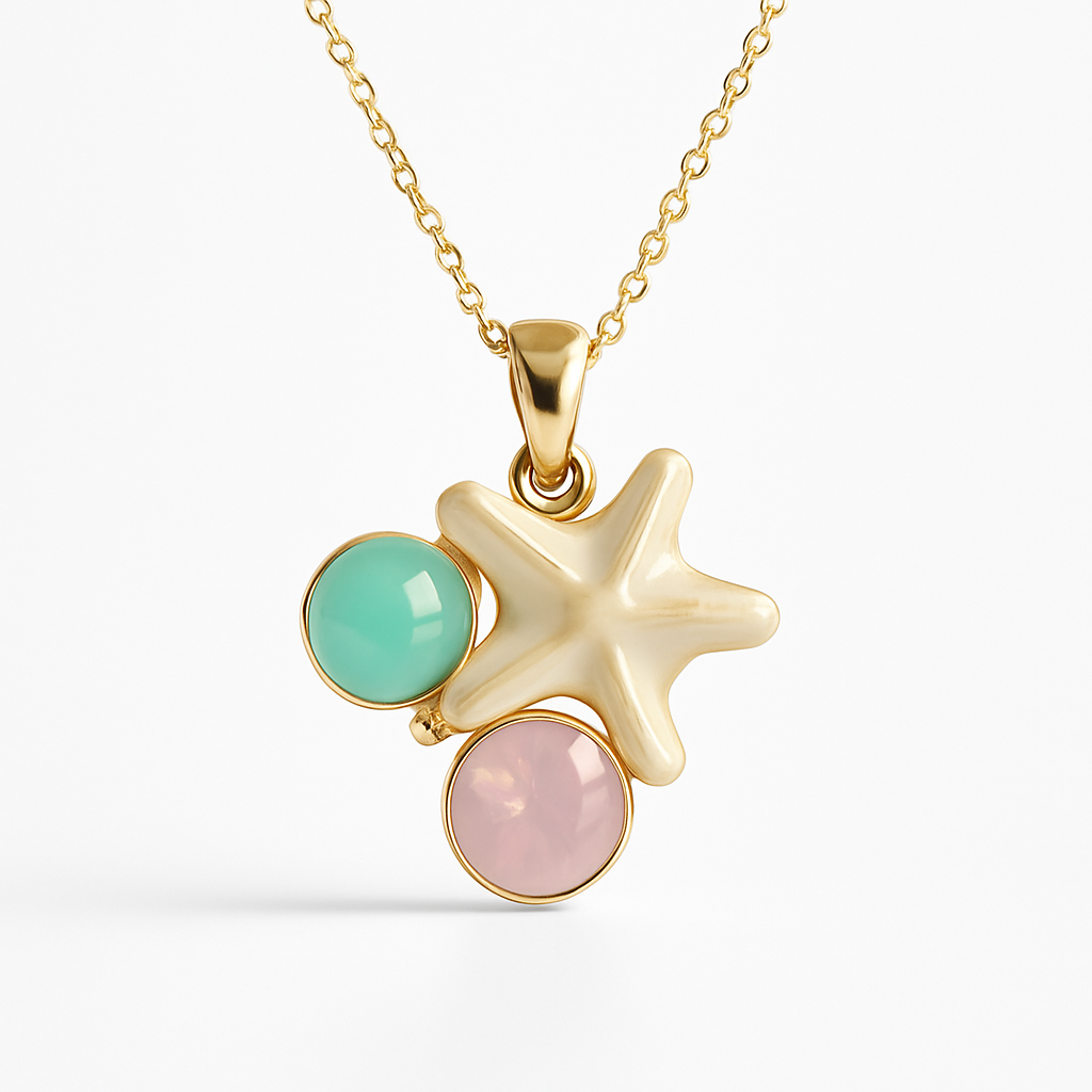 Gold Starfish Pendant Necklace with Mint and Pink Stone Accents