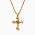 Gold Cross Pendant Necklace with Malachite Stone Center