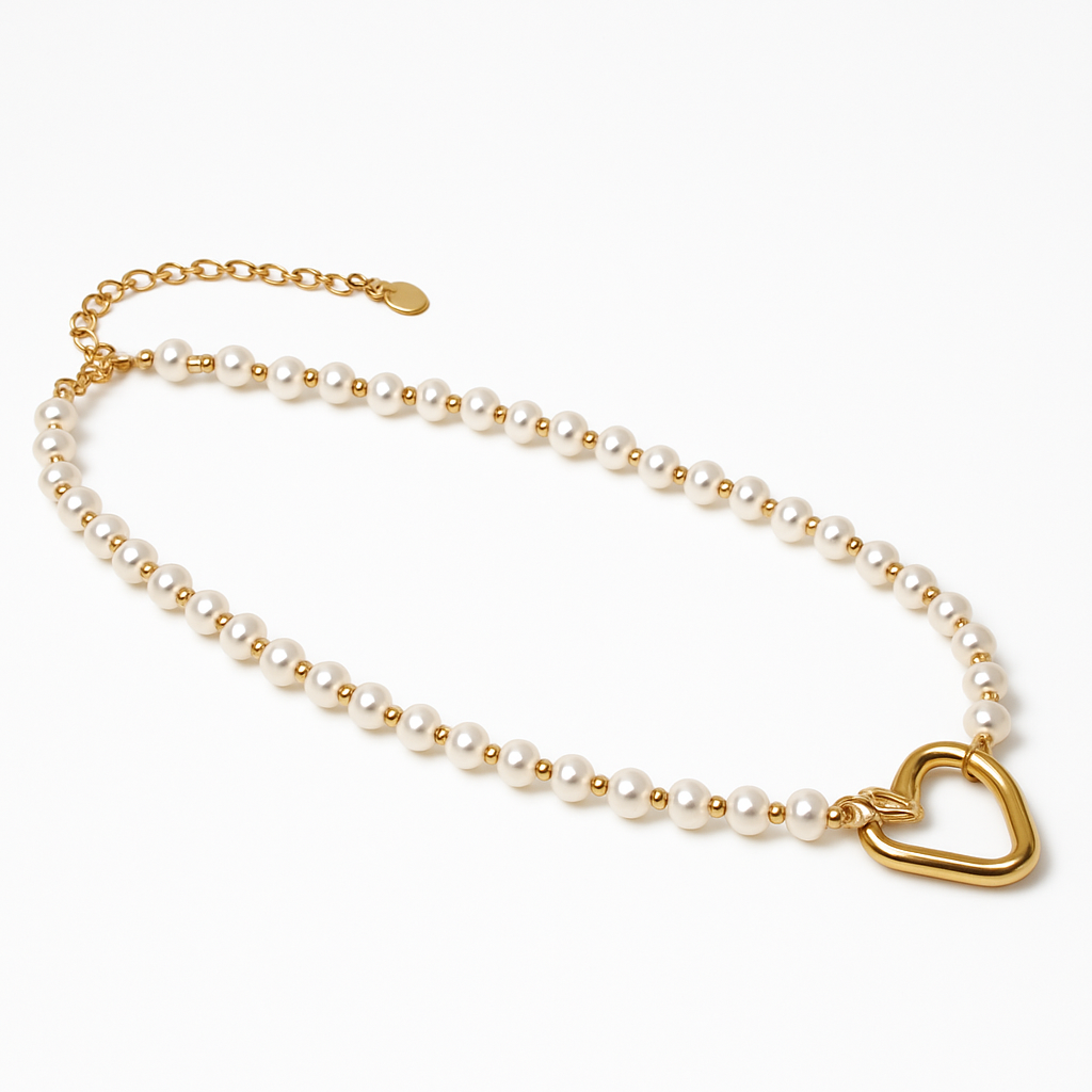 Freshwater Pearl Necklace with Gold Open Heart Clasp