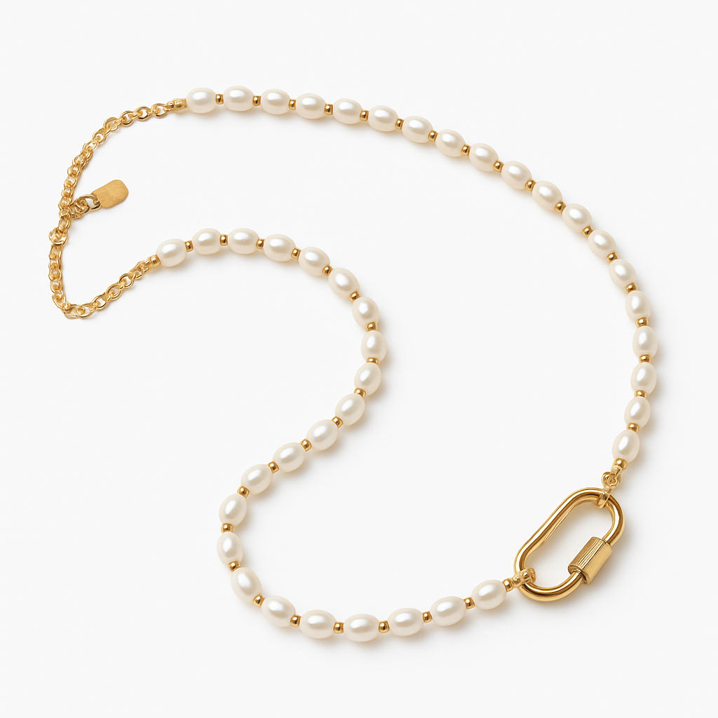 Freshwater Pearl Necklace with Gold Carabiner Clasp