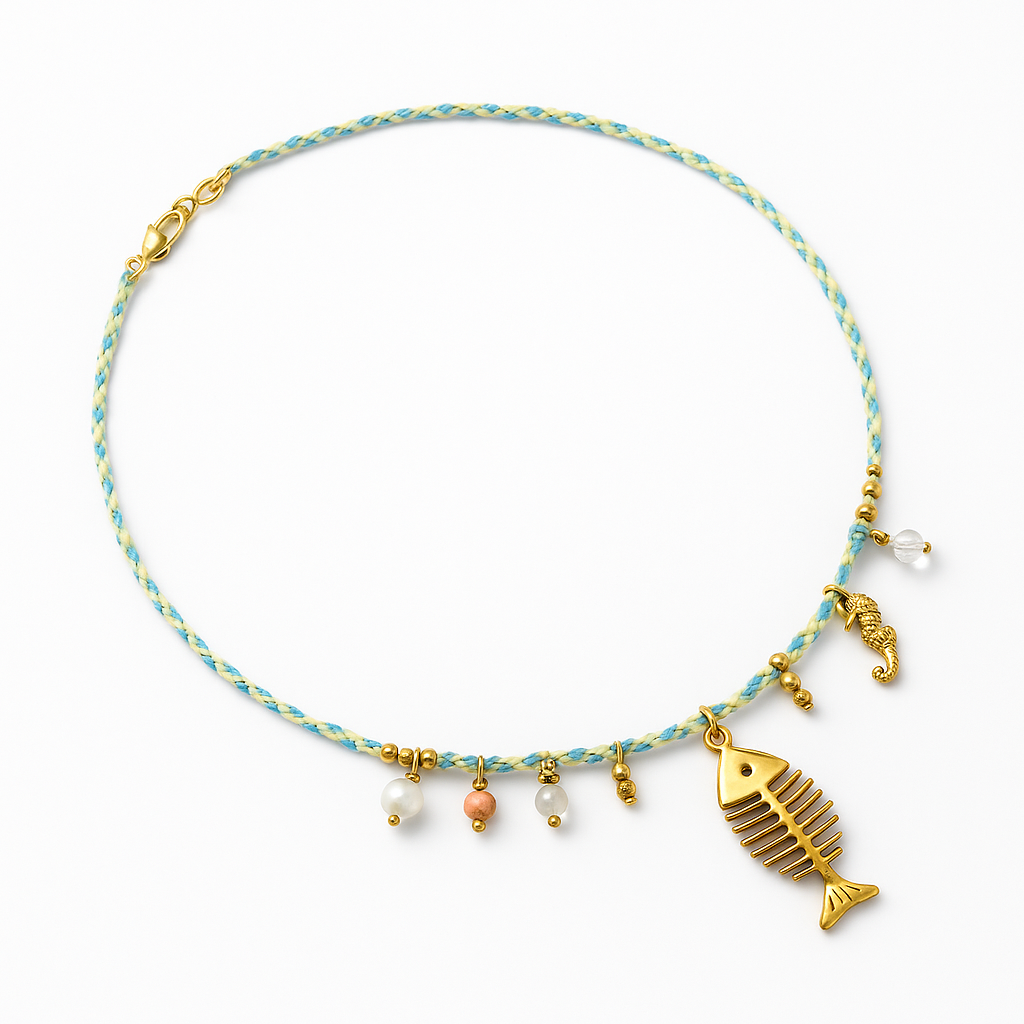 Braided Turquoise Cord Necklace with Gold Fish and Seahorse Charms