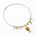 Braided Turquoise Cord Necklace with Gold Fish and Seahorse Charms