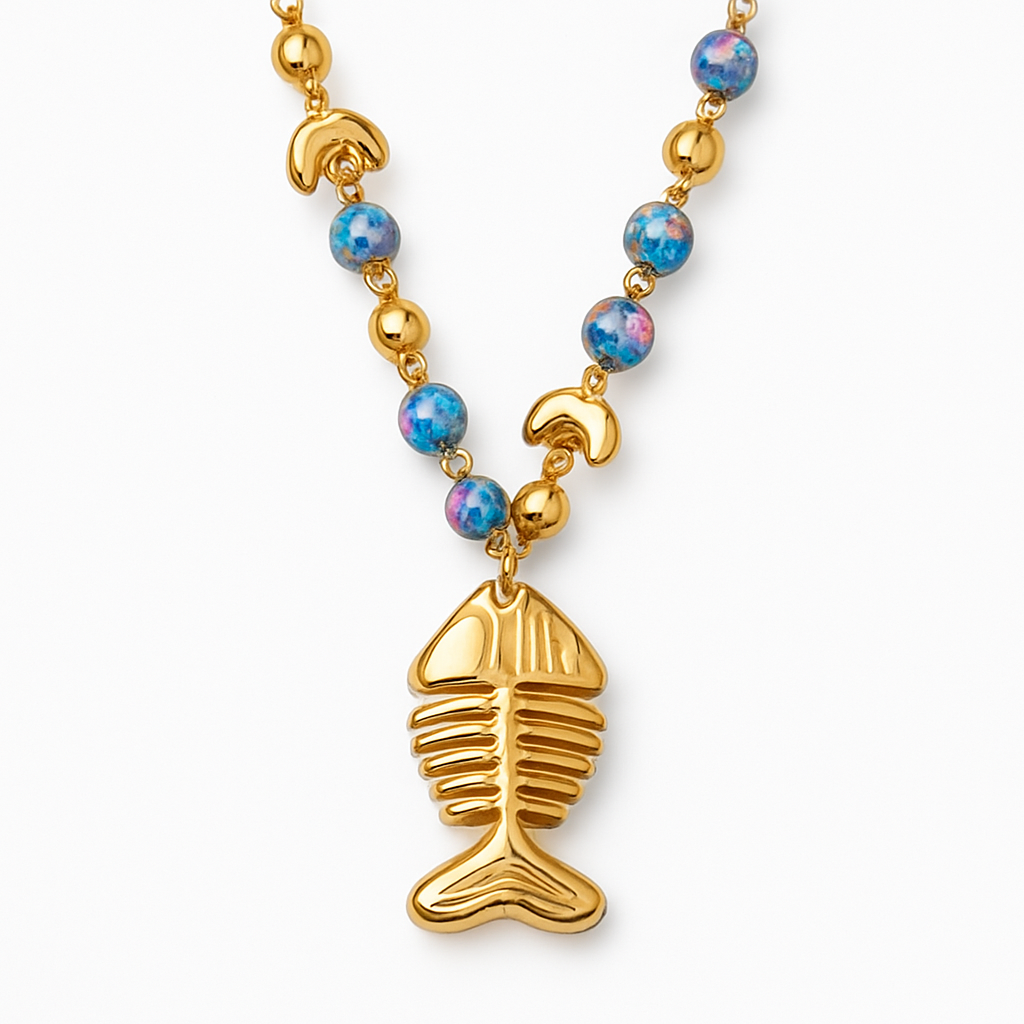 Braided Turquoise Cord Necklace with Gold Fish and Seahorse Charms